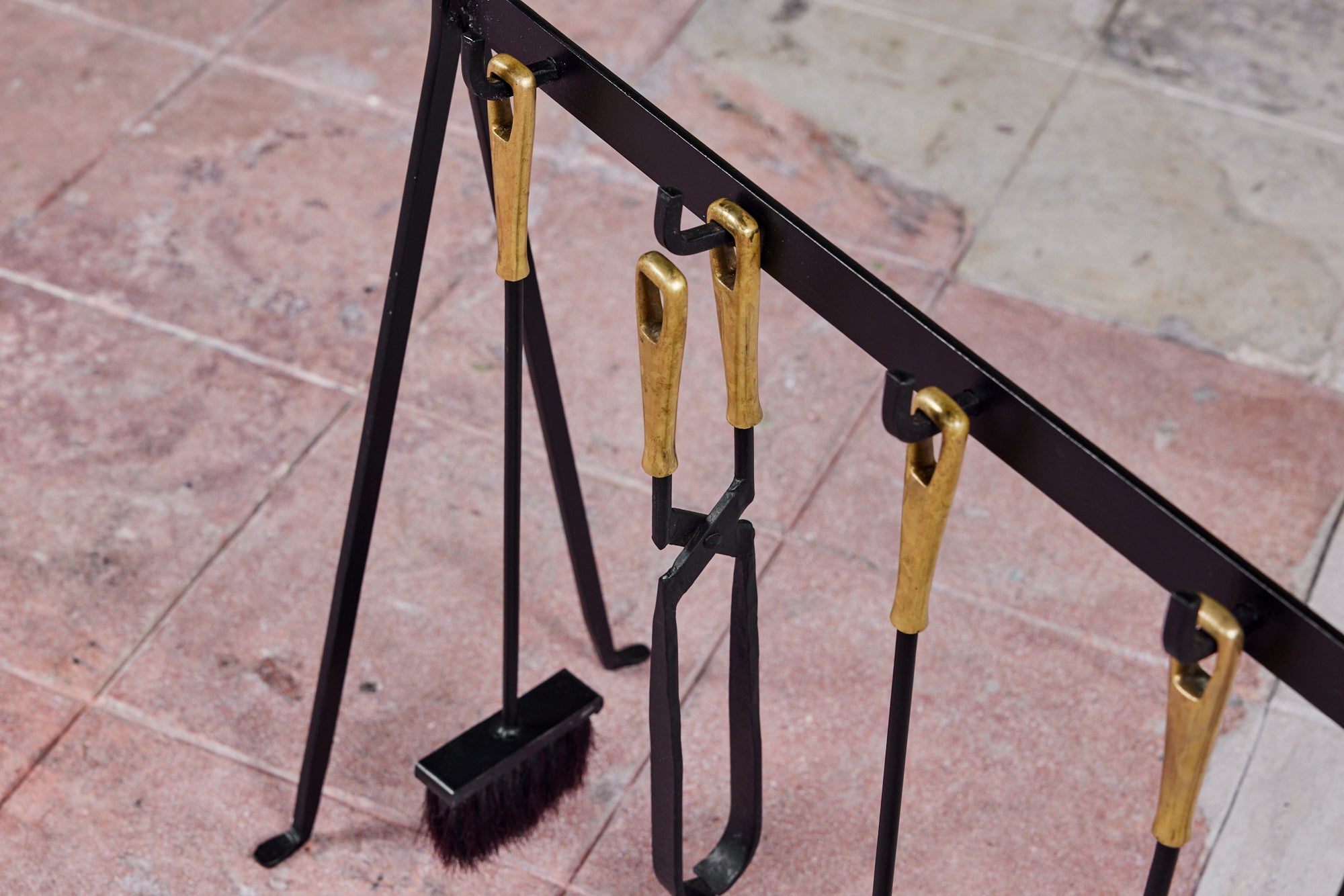 Set of Wrought Iron Fireplace Tools with Brass Detail