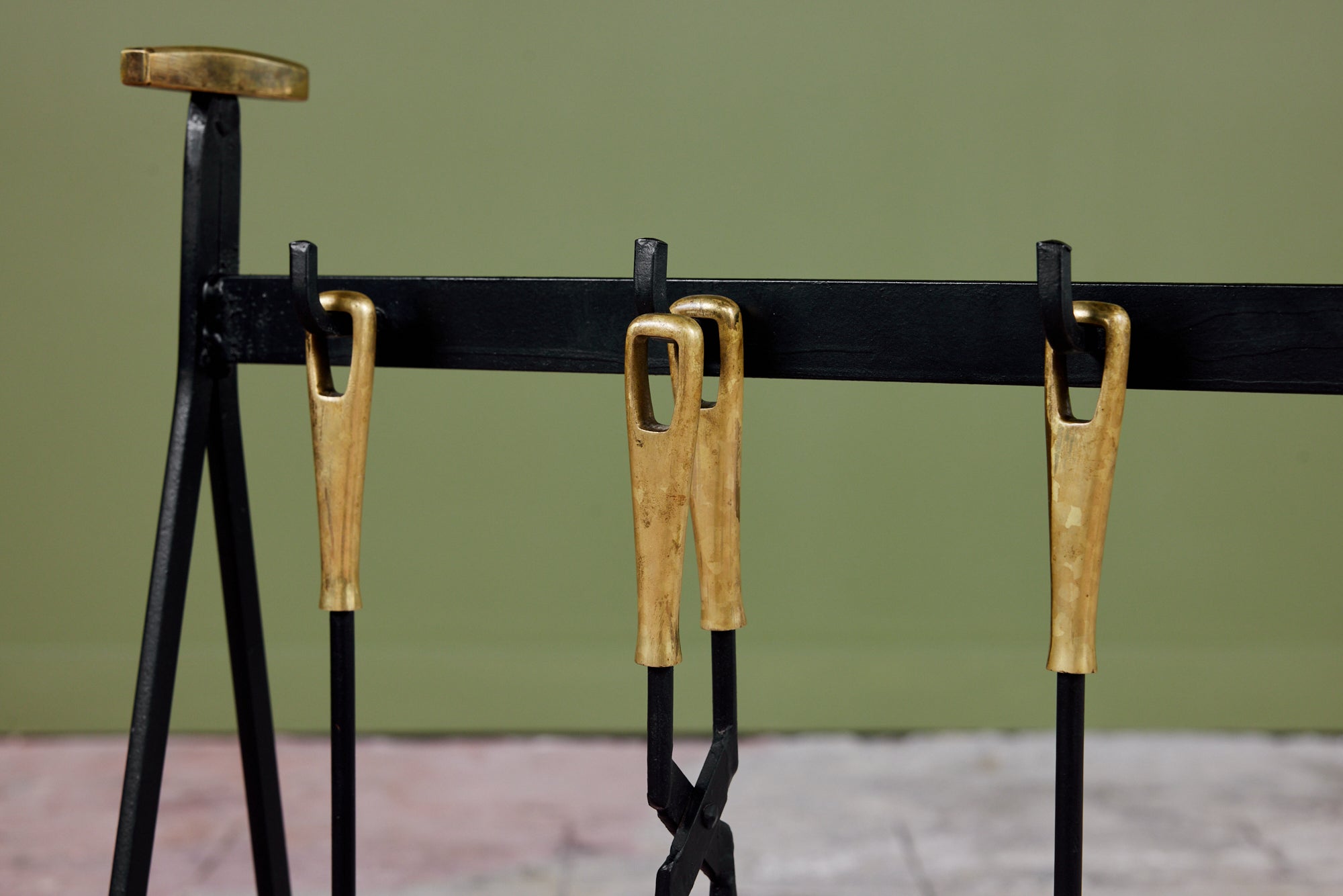 Set of Wrought Iron Fireplace Tools with Brass Detail