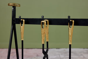 Set of Wrought Iron Fireplace Tools with Brass Detail
