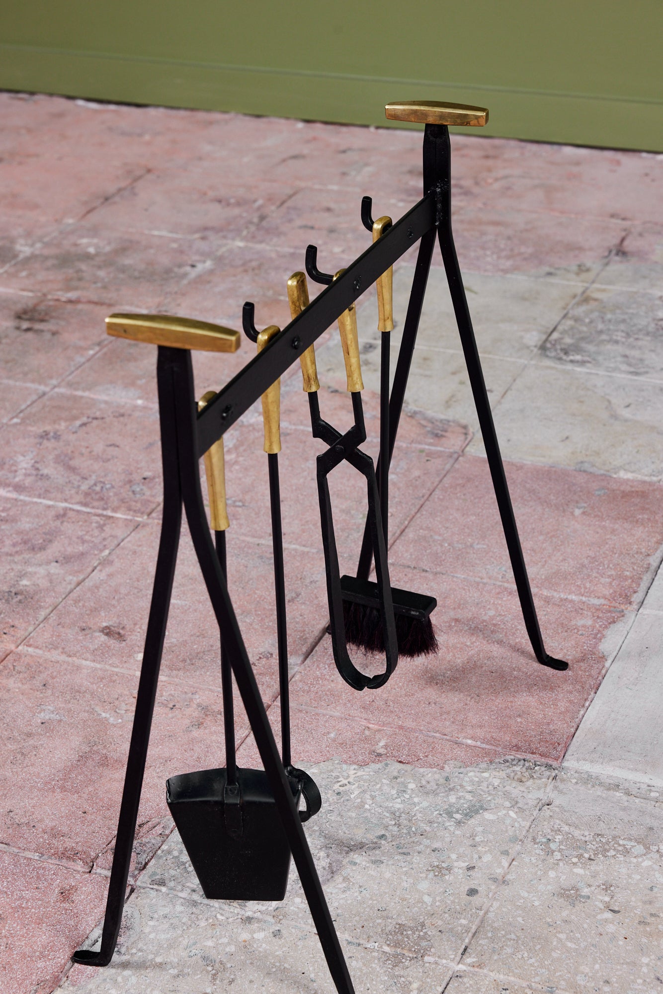 Set of Wrought Iron Fireplace Tools with Brass Detail