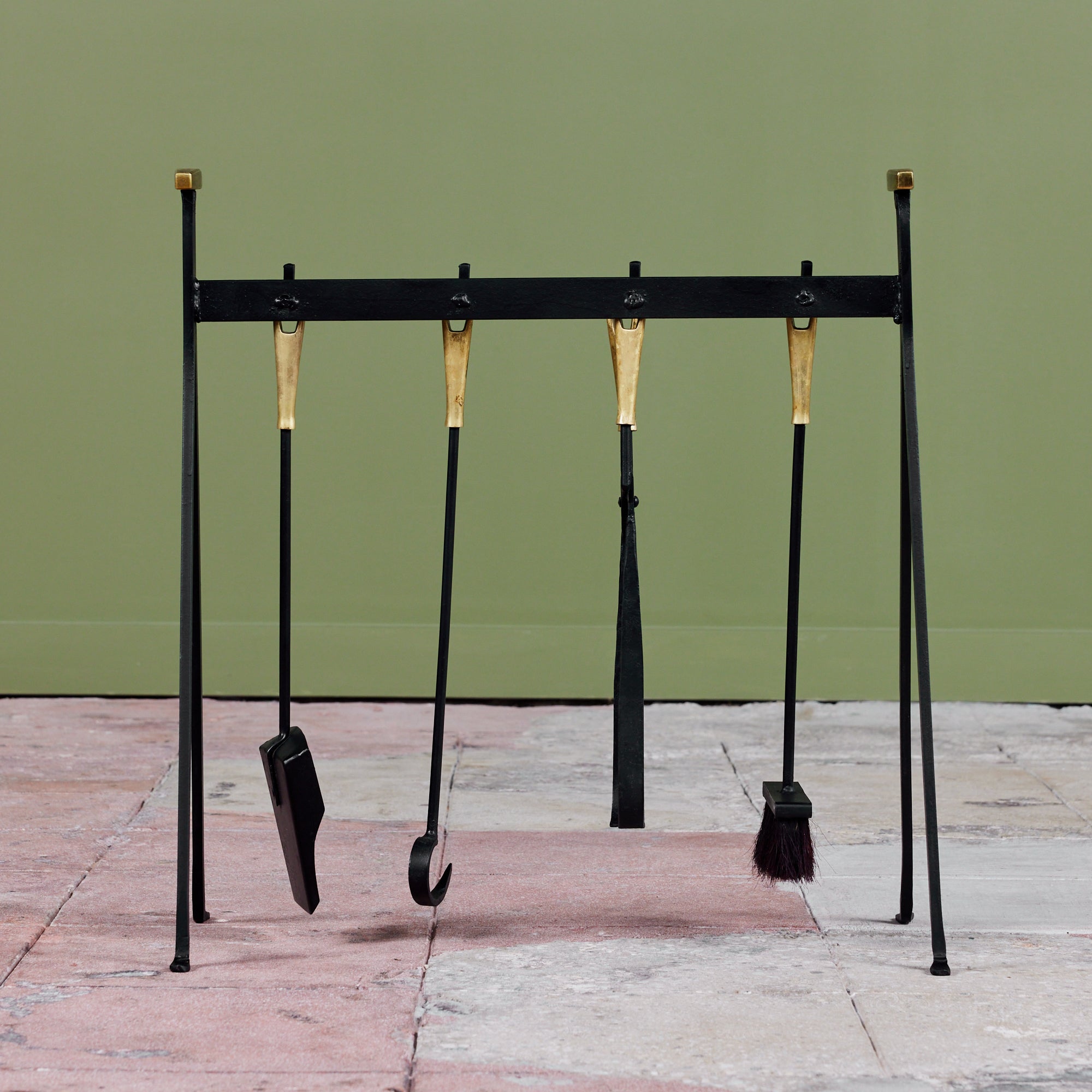 Set of Wrought Iron Fireplace Tools with Brass Detail