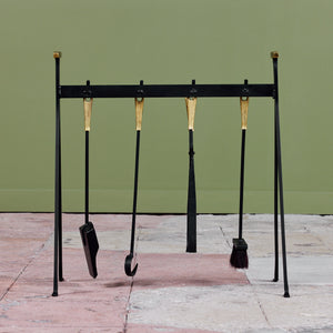 Set of Wrought Iron Fireplace Tools with Brass Detail