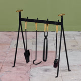 Set of Wrought Iron Fireplace Tools with Brass Detail