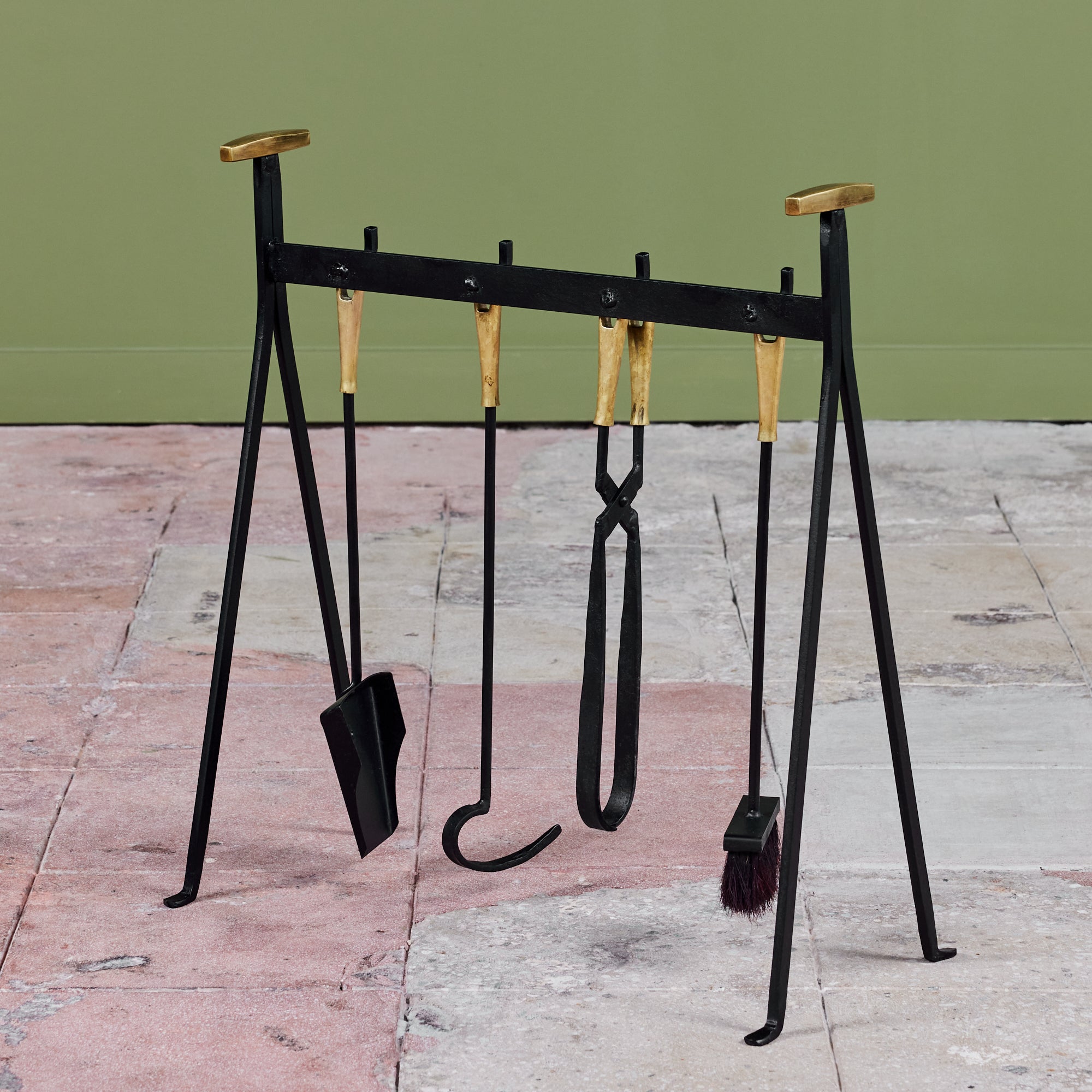Set of Wrought Iron Fireplace Tools with Brass Detail