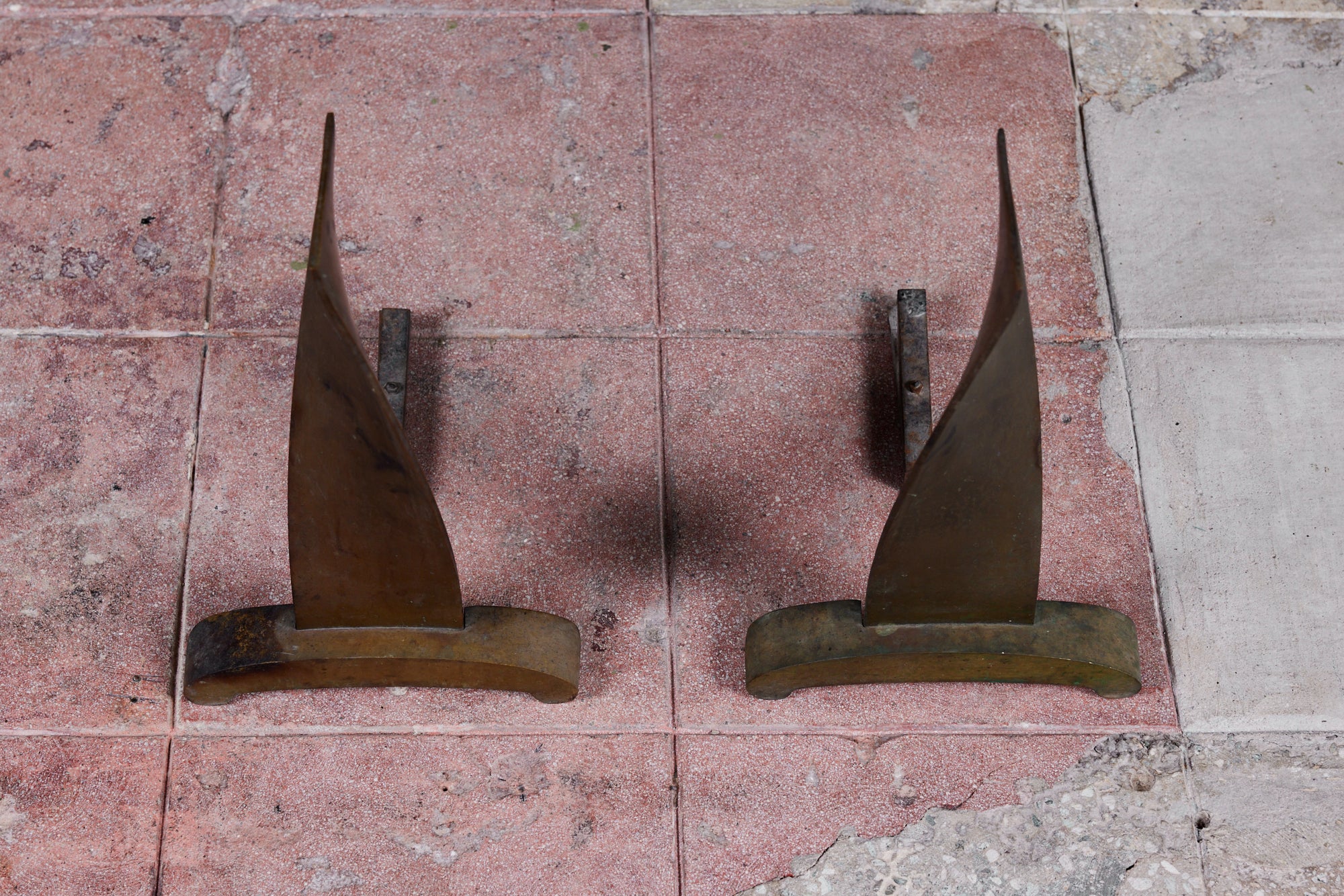 Modernist Twisted Bronze Andirons