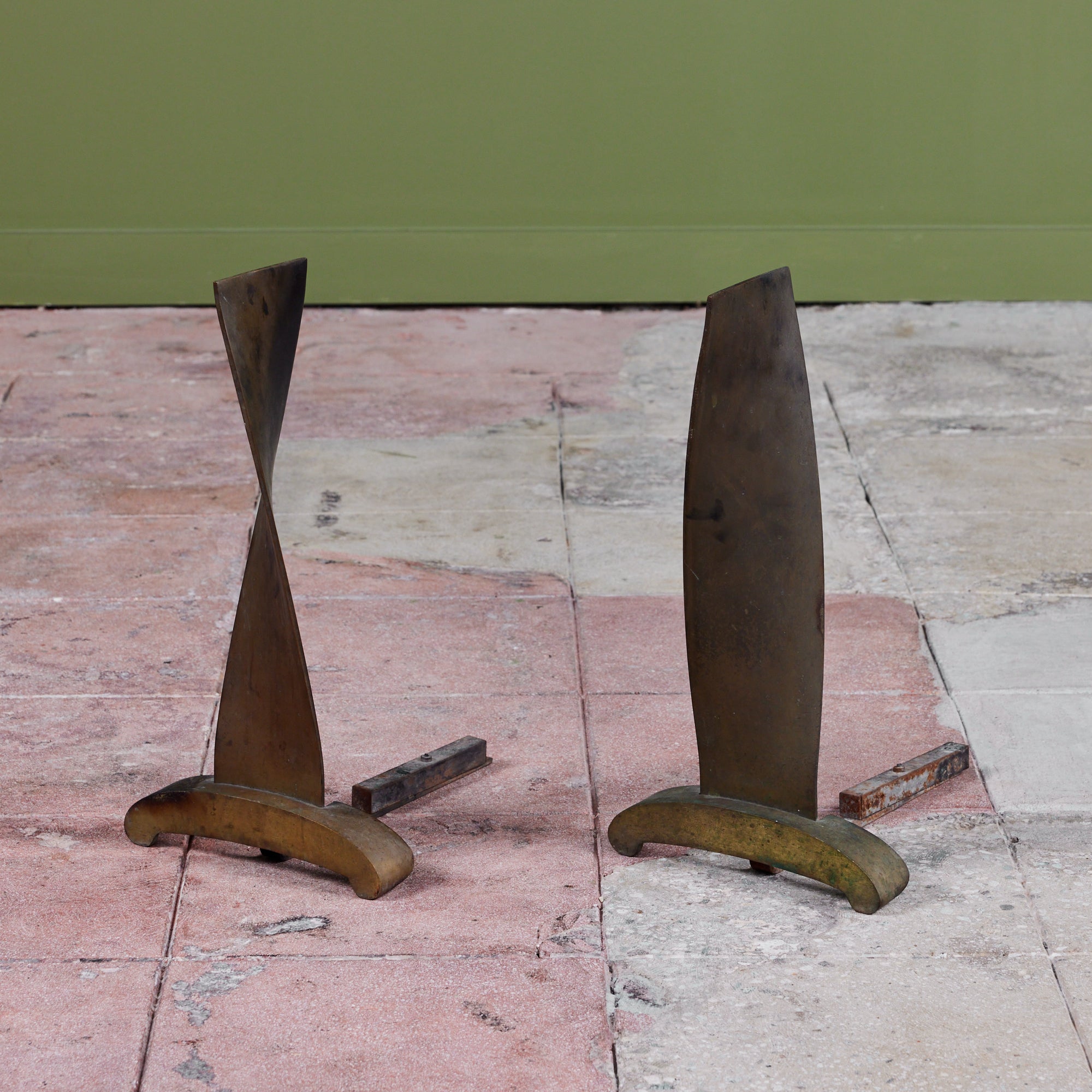 Modernist Twisted Bronze Andirons