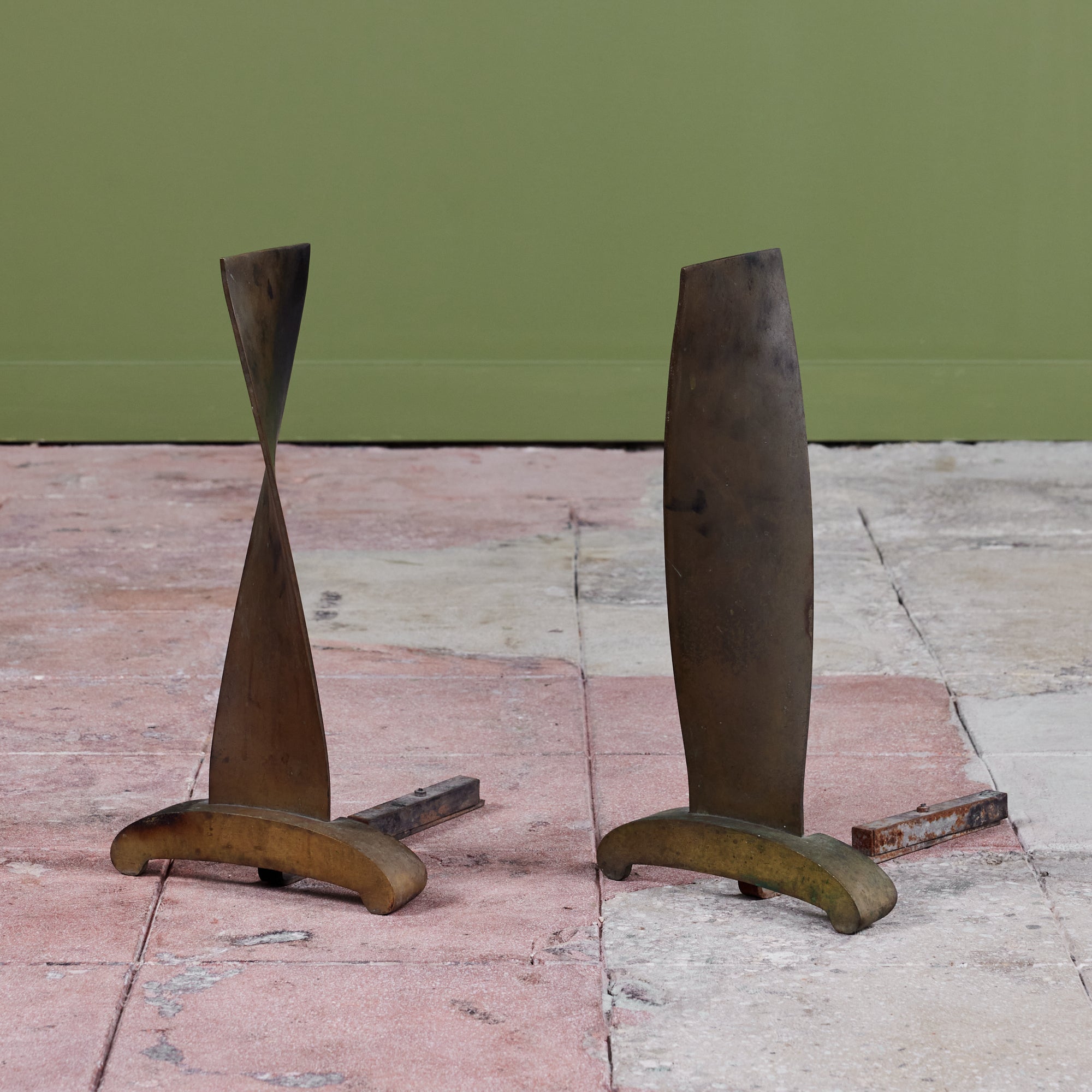 Modernist Twisted Bronze Andirons