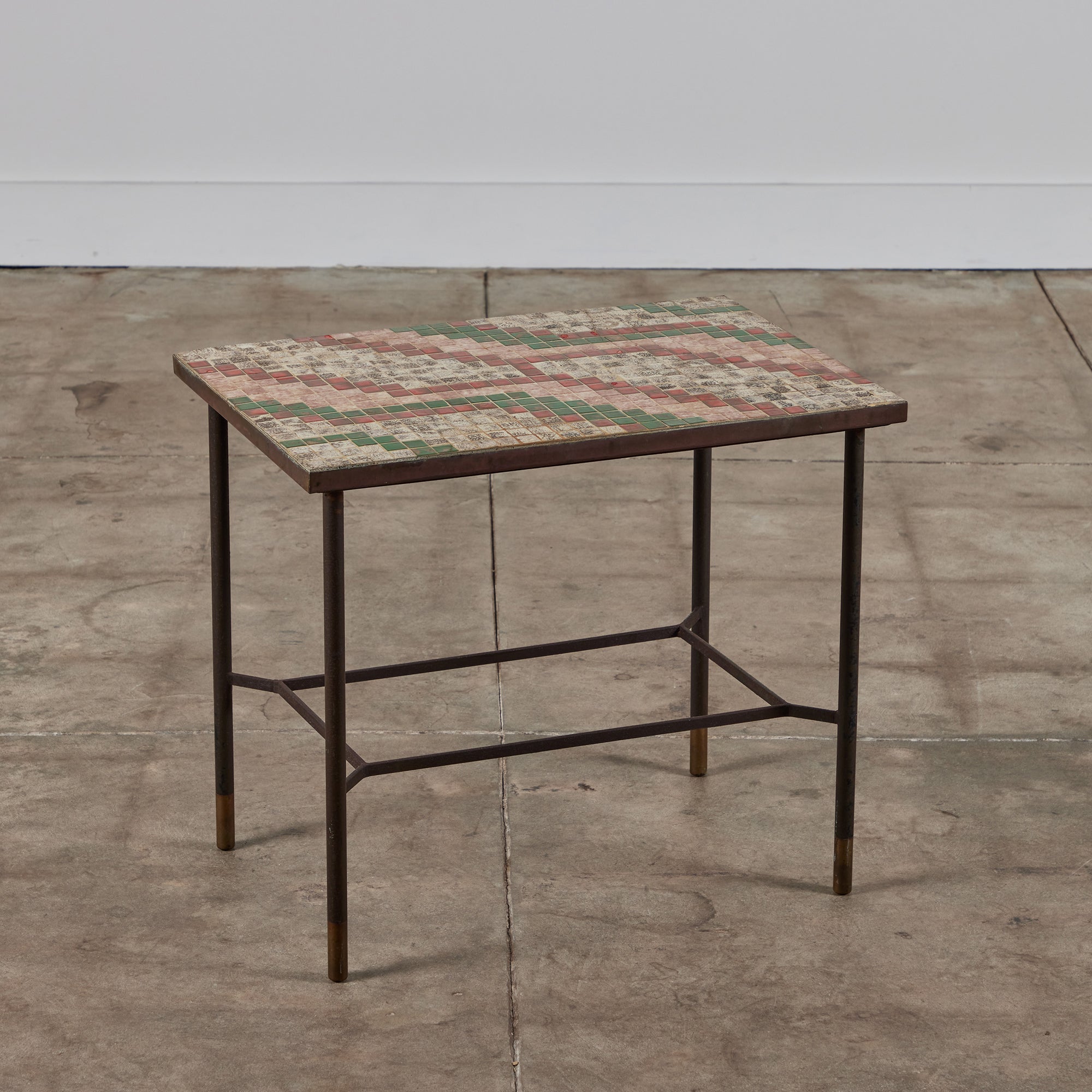 Patinated Metal Side Table with Mosaic Tile Top