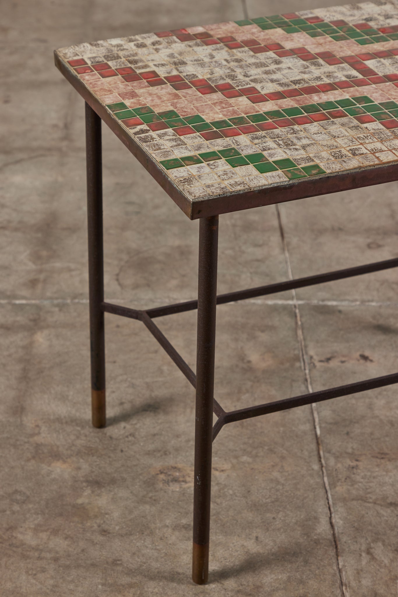 Patinated Metal Side Table with Mosaic Tile Top