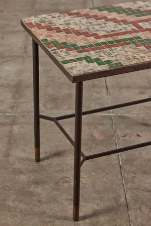 Patinated Metal Side Table with Mosaic Tile Top