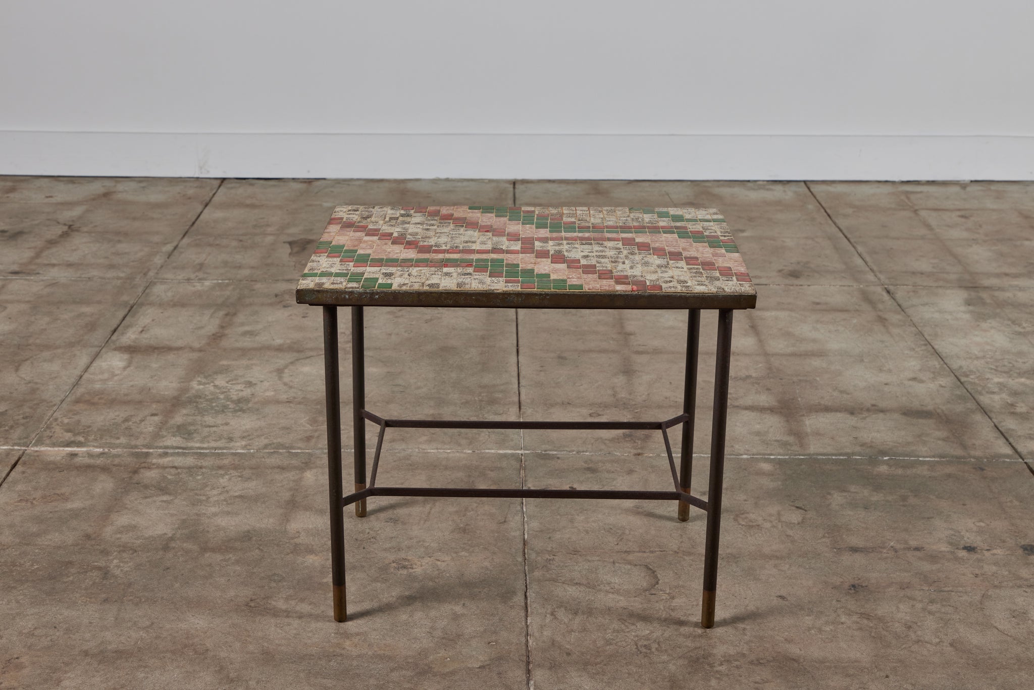 Patinated Metal Side Table with Mosaic Tile Top
