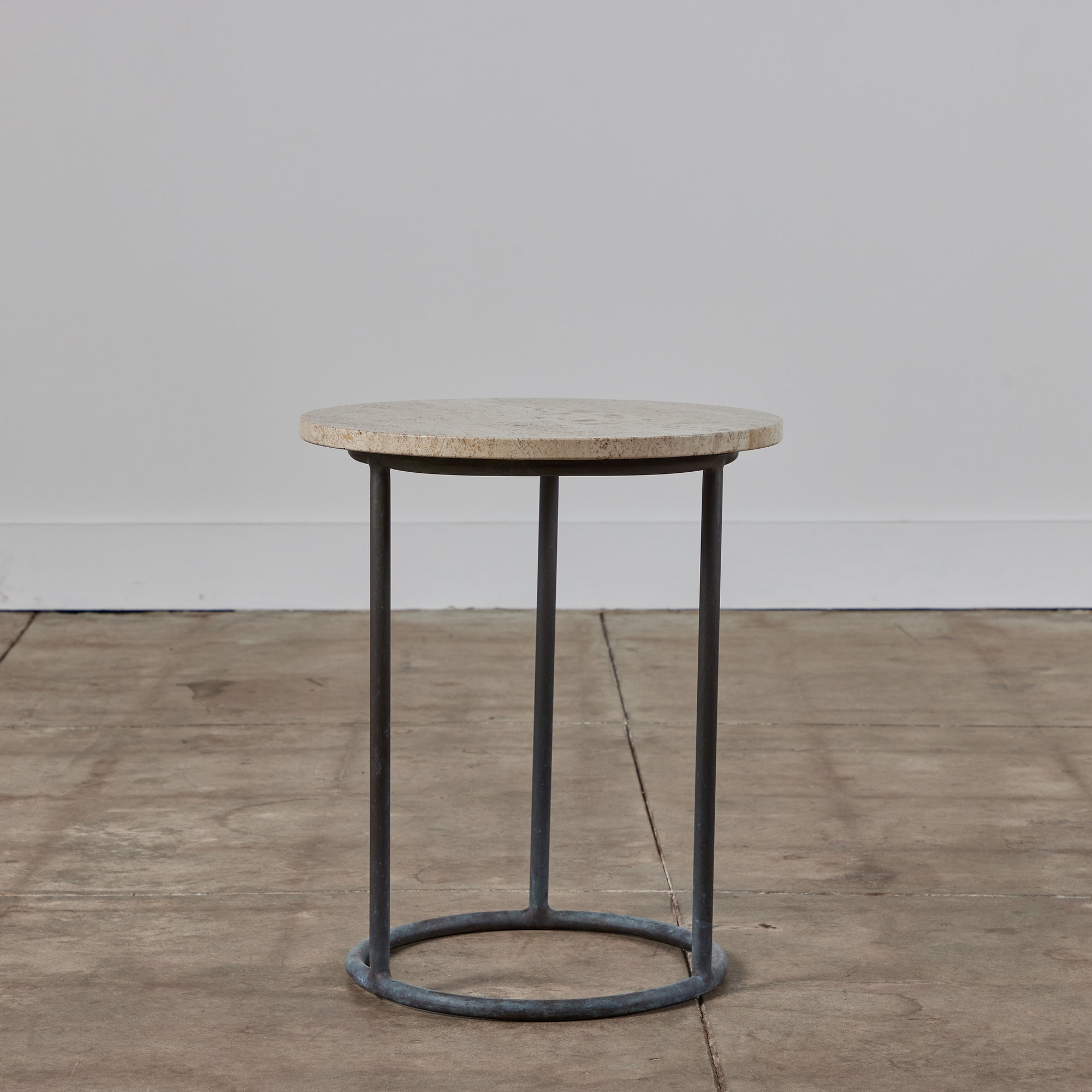 Walter Lamb for Brown Jordan Bronze Patio Side Table with Travertine Top