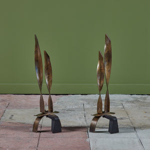 ON HOLD ** Pair of Modernist Brass Ribbon Andirons