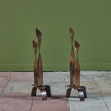 ON HOLD ** Pair of Modernist Brass Ribbon Andirons