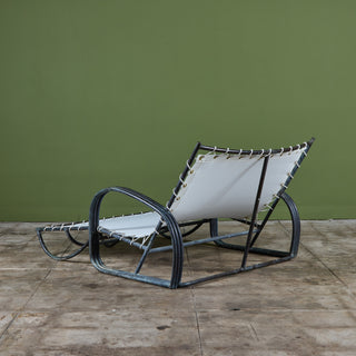 ON HOLD ** Early Walter Lamb Bronze & Canvas Double Wide Patio Chaise Lounge