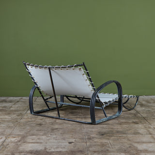 ON HOLD ** Early Walter Lamb Bronze & Canvas Double Wide Patio Chaise Lounge