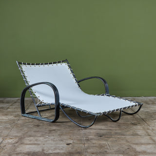 ON HOLD ** Early Walter Lamb Bronze & Canvas Double Wide Patio Chaise Lounge