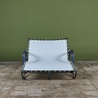 ON HOLD ** Early Walter Lamb Bronze & Canvas Double Wide Patio Chaise Lounge