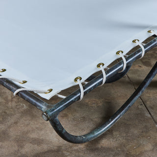 ON HOLD ** Early Walter Lamb Bronze & Canvas Double Wide Patio Chaise Lounge