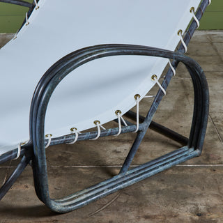ON HOLD ** Early Walter Lamb Bronze & Canvas Double Wide Patio Chaise Lounge