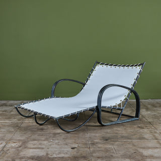 ON HOLD ** Early Walter Lamb Bronze & Canvas Double Wide Patio Chaise Lounge