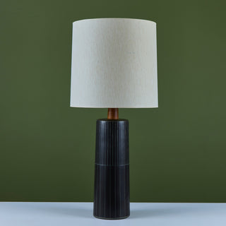 Gordon and Jane Martz Oversized Dark Navy Incised Ceramic Table Lamp