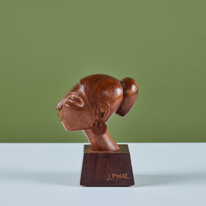 Wood Carved Female Bust by J. Pinal