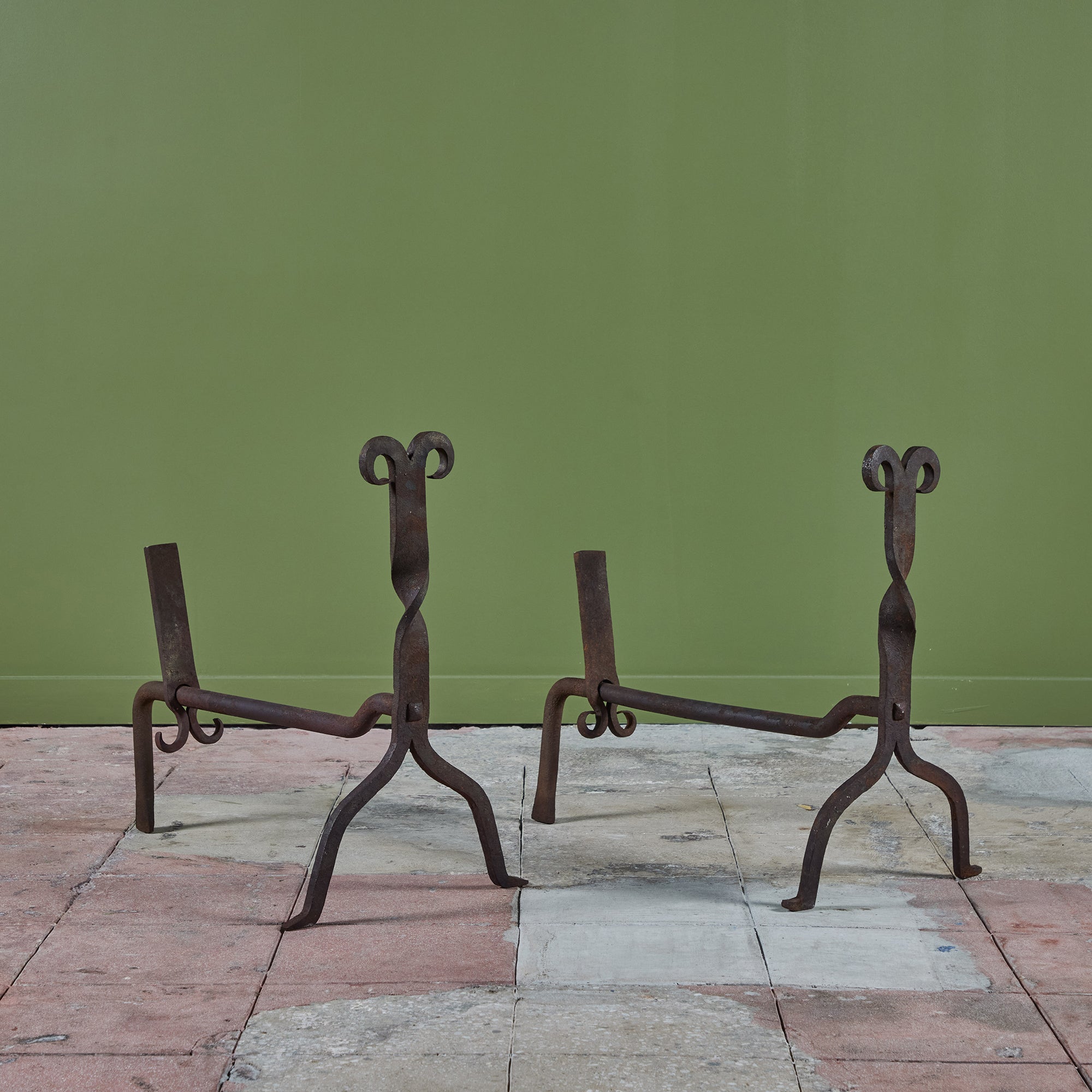 Pair of Large Cast Iron Arts and Crafts Andirons