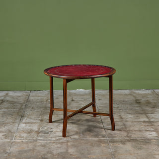 Round Red Leather-Top Occasional Table