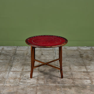Round Red Leather-Top Occasional Table