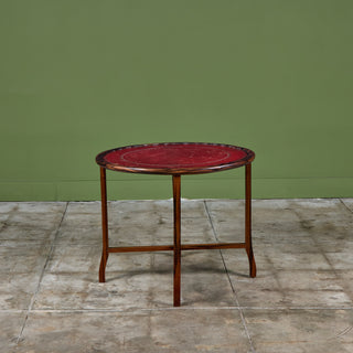 Round Red Leather-Top Occasional Table
