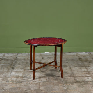 Round Red Leather-Top Occasional Table