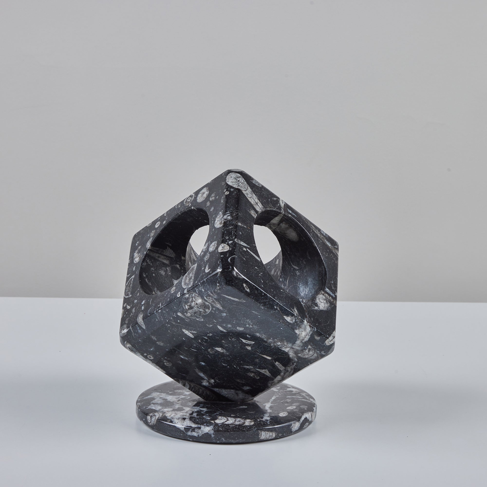 Fossilized Black Marble Cube Sculpture