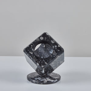 Fossilized Black Marble Cube Sculpture