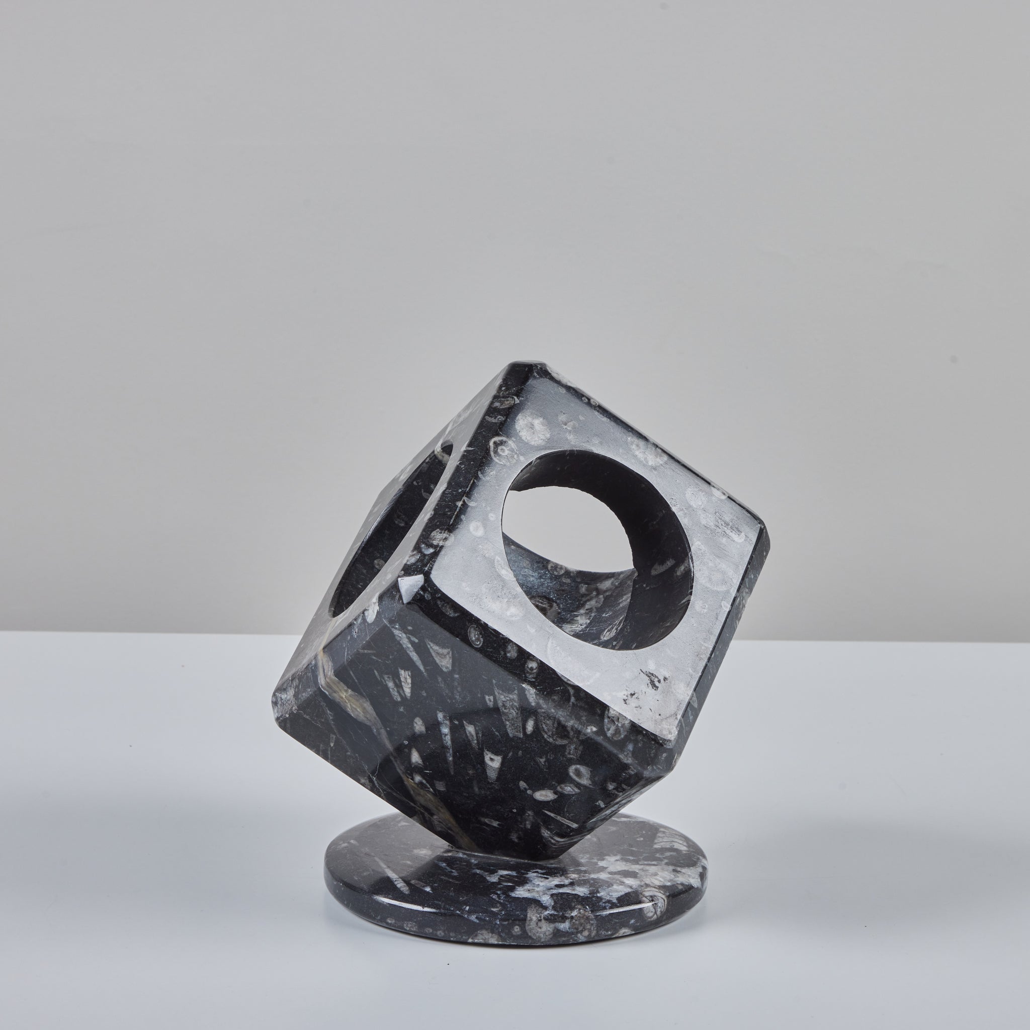 Fossilized Black Marble Cube Sculpture