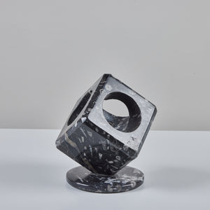 Fossilized Black Marble Cube Sculpture