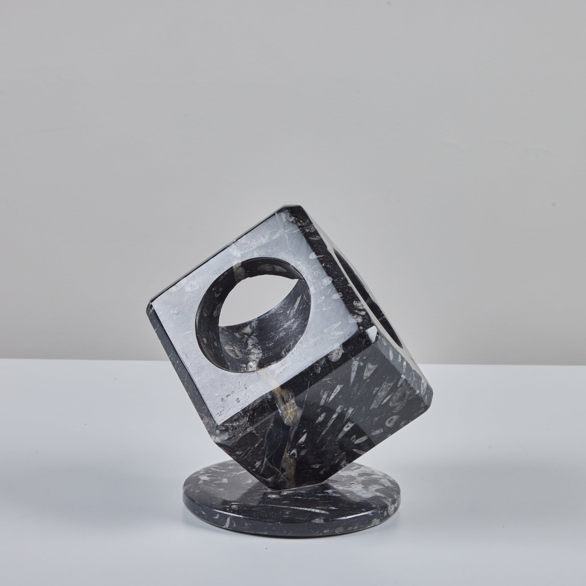 Fossilized Black Marble Cube Sculpture