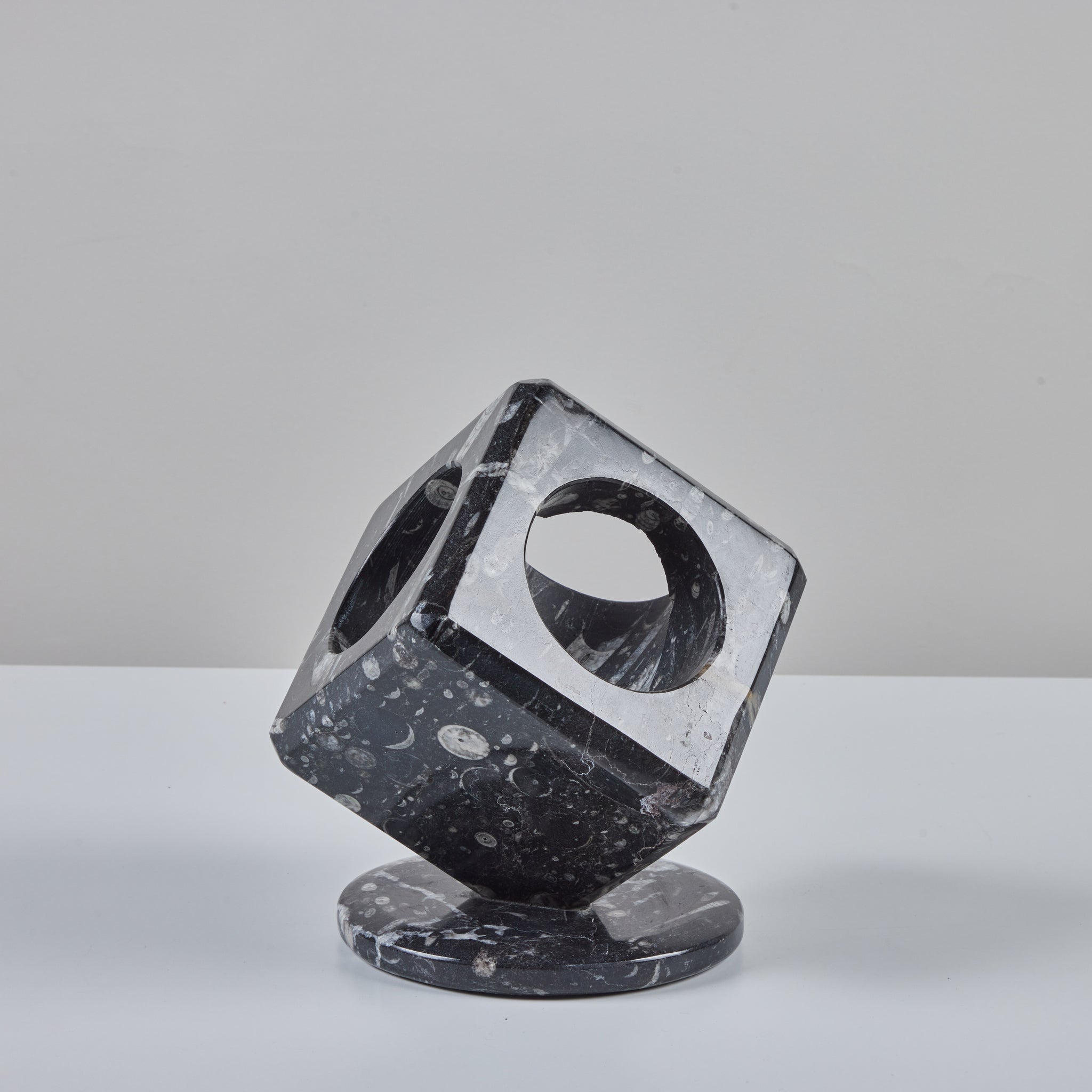 Fossilized Black Marble Cube Sculpture