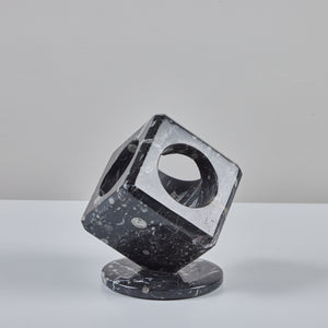 Fossilized Black Marble Cube Sculpture