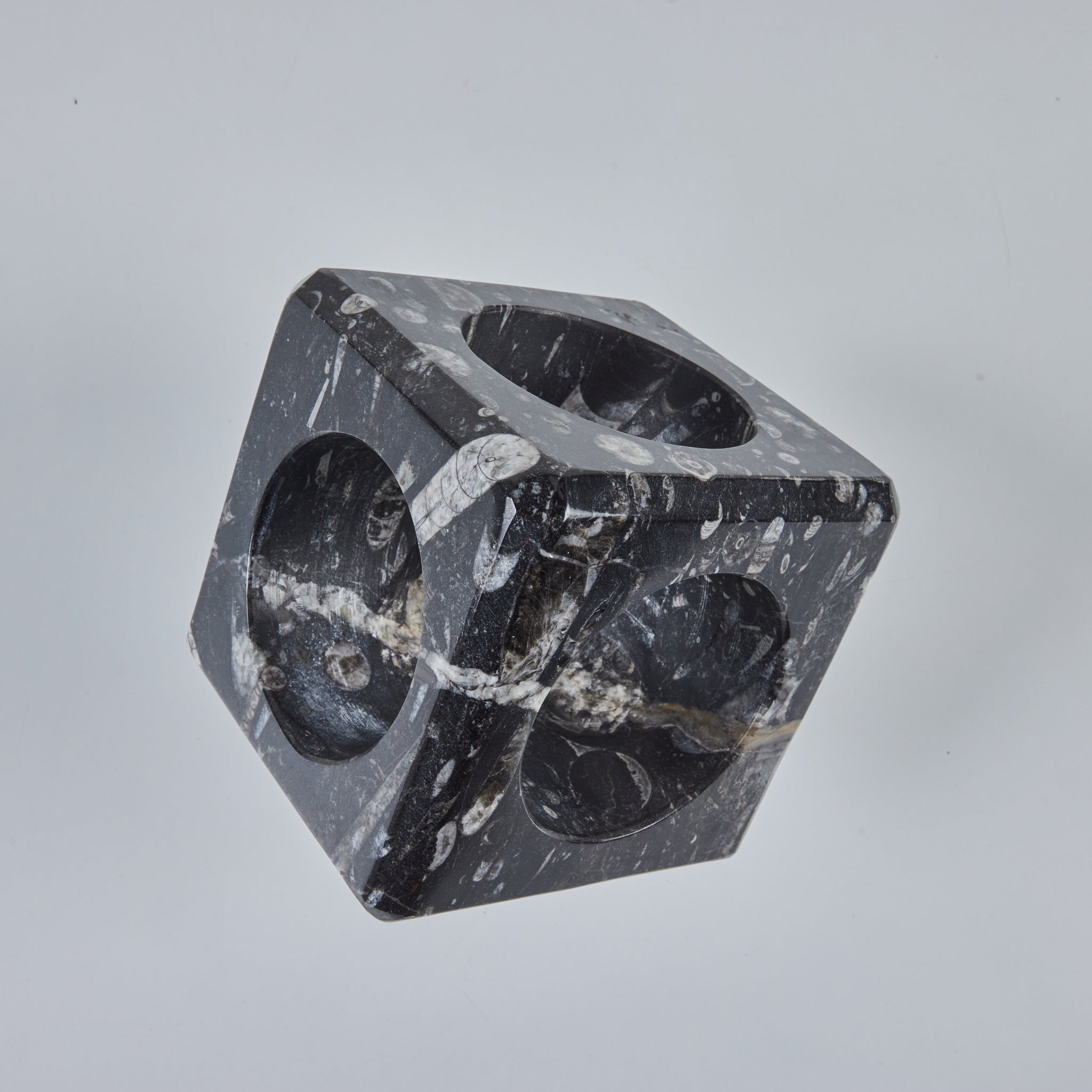 Fossilized Black Marble Cube Sculpture