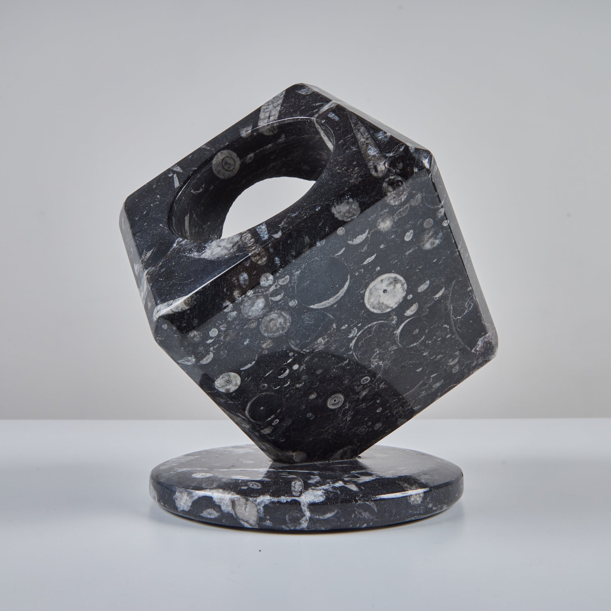 Fossilized Black Marble Cube Sculpture