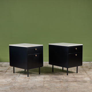 Pair of Black Lacquered Nightstands with Travertine Table Tops