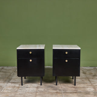 Pair of Black Lacquered Nightstands with Travertine Table Tops