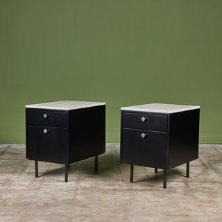Pair of Black Lacquered Nightstands with Travertine Table Tops