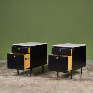 Pair of Black Lacquered Nightstands with Travertine Table Tops