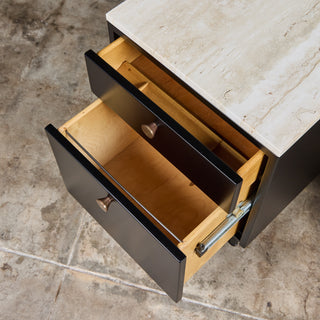 Pair of Black Lacquered Nightstands with Travertine Table Tops