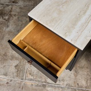 Pair of Black Lacquered Nightstands with Travertine Table Tops