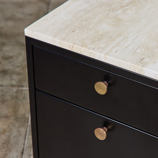 Pair of Black Lacquered Nightstands with Travertine Table Tops