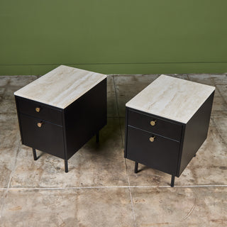 Pair of Black Lacquered Nightstands with Travertine Table Tops