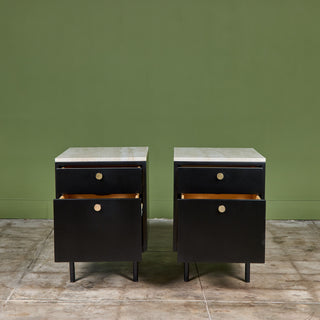 Pair of Black Lacquered Nightstands with Travertine Table Tops